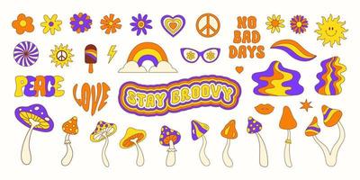 Retro set of groovy hippie elements in style 70s, 80s. Colorful icons mushrooms, daisy flowers, peace symbol, rainbow, waves and text isolated on a white background. Vector illustration