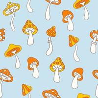 Floral hippie seamless pattern with cute mushrooms on a blue background. Groovy retro vintage print in style 70s, 80s. Vector illustration