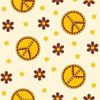 Retro hippie floral seamless pattern with peace symbol and daisy flowers on a light background. Vector groovy illustration in style 60s, 70s