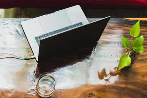 Top view of laptop with green plant on wooden table. photo