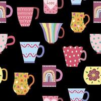 Seamless pattern of vintage mugs. Hand-drawn with a naive Scandinavian style vector