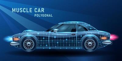 vista lateral poligonal 3d realista de muscle car sobre fondo azul oscuro