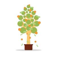 Money tree in pot with cash on branches. Plant with falling coins and banknotes. Concept of abundance, prosperity and richness. Colored flat cartoon vector illustration isolated on white