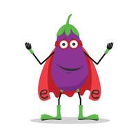 Strong Superhero Eggplant Vegetable Vector Cartoon Character. Funny Aubergine mascot wearing a red cape and a hero mask being a super-nutritious food