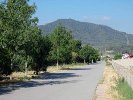 Asphalted rural road with the sun shining on it photo