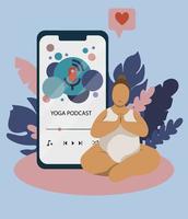 Meditation and getting harmony concept in phone. Plus size relaxed woman sitting in meditating pose and getting balance with mind and body vector illustration. Podcast about yoga on phone screen