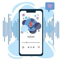 podcast en teléfono con antecedentes interesantes en tema azul. vector