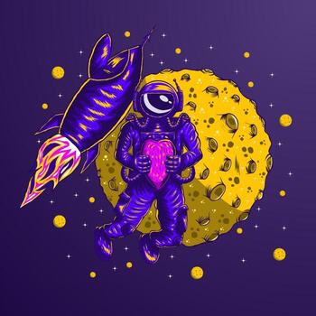 Astronaut flying in sky holding heart symbol with spaceship and planet vector