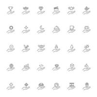 Giving and present concept. Collection of modern outline symbols for web sites, advertisment, internet shops, stores etc. Line icons of various items on outstretched hand vector