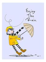 niña joven que lleva un paraguas en la ilustración de vector de carácter de icono de día de lluvia.