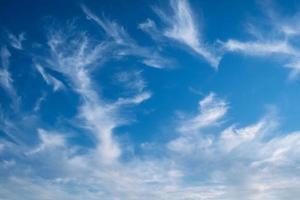 Summer blue sky, cirrus clouds, gradient light white background. Sunny air background. Blue landscape in the environment. photo