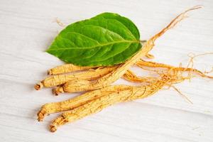 raíces de ginseng y hoja verde, comida saludable. foto