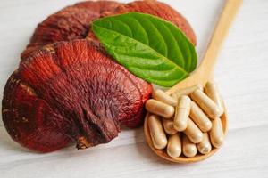 Lingzhi or Reishi mushroom with capsules, organic natural healthy food. photo