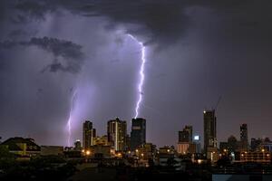 Thunderstorm Lightning Over City Skyline at Night in Bangkok, Asia photo