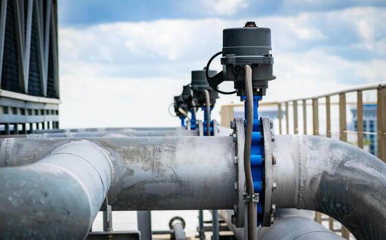 Open or close valve of cooling tower,butterfly valve beside of cooling Tower,screwing valve building cooling system,maintenance in working condition,anti-rust,rust is big problem of piping system. photo