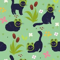 Seamless pattern with cute cats in frog hats. Vector graphics.