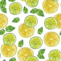 Watercolor hand drawn seamless pattern fresh green lime and yellow lemon slices and mint leaves for textile, phone cases, decoration vector