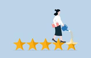 Developing marketing strategies to make customers give higher star rating, business reputation concept.  Businesswoman watering to fulfill 5th star metaphor of increasing credit score from customers. vector