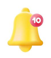 Notification bell icon 3d isolated on white background. 3d render yellow ringing bell with new notification for social media reminder. Realistic vector icon