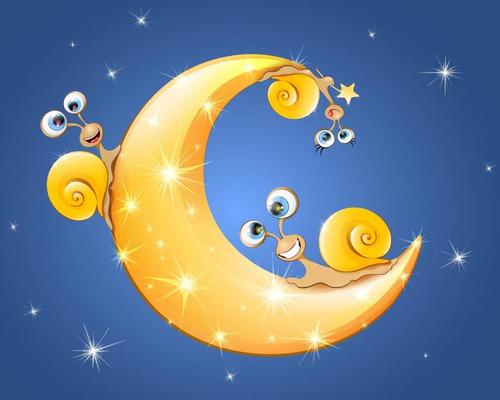 Cartoon cute three funny snails on the shining golden Moon with toy golden fish bone