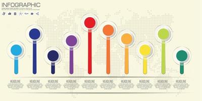 línea de tiempo 10 opciones o pasos infografía vectorial. fondo del mapa del mundo vector