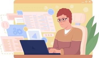 Software developer at work 2D vector isolated illustration. Building software flat character on cartoon background. Colourful editable scene for mobile, website, presentation