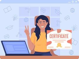 Smiling girl holding certificate 2D vector isolated illustration. Online course graduate flat character on cartoon background. Colourful editable scene for mobile, website, presentation