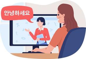 Taking Korean online course 2D vector isolated illustration. Lesson with native speaker teacher flat characters on cartoon background. Colourful editable scene for mobile, website, presentation