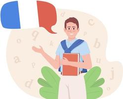 Teaching French 2D vector isolated illustration. Native french speaker tutor flat character on cartoon background. Training course colourful editable scene for mobile, website, presentation