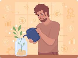 Investments 2D vector isolated illustration. Man holding watering pot flat character on cartoon background. Colourful editable scene for mobile, website, presentation