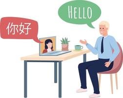 Videoconference interpreter with chinese partner semi flat color vector characters. Editable figures. Full body people on white. Simple cartoon style illustration for web graphic design and animation