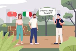 Traveling without speaking Italian flat color vector illustration. English speaking tourist. Fully editable 2D simple cartoon characters with cityscape on background