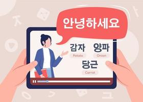Study Korean language online 2D vector illustration. Professional teacher and student flat first view hand on cartoon background. Course colourful editable scene for mobile, website, presentation