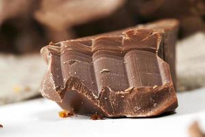broken into several parts pieces of chocolate from cocoa photo