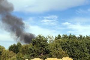 black smoke from burning forest trees and buildings photo