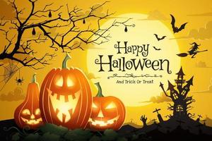 Halloween pumpkins and Castle spooky in night of full moon and bats flying vector
