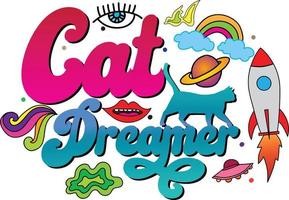 soñador de gatos: un gato divertido y colorido con sueños caminando en el cielo. vector