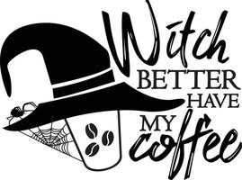 Witch better have my Coffee. Halloween quote on white background with witch hat coffee cup and spider. vector