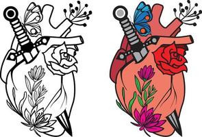 The human heart and roses are pierced with a dagger and butterfly on white background. Vector illustration