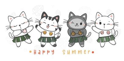 grupo de cuatro lindo divertido verano tropical gatito gato baile en hawaii falda dibujos animados garabato mascota animal dibujado a mano vector banner