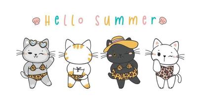 grupo de lindo gatito de verano divertido gato en bikini de leopardo dibujos animados garabato mascota animal vector dibujado a mano
