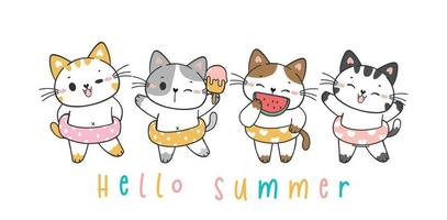 grupo de lindos y divertidos gatos gatitos de verano en la fiesta flotante de la piscina del anillo de natación, vector dibujado a mano de animal de mascota de doodle de dibujos animados