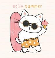 cute funny kitten cat in summer short with surfboard having ice cream,  I love summer, adorable animal pet hand drawing doodle vector