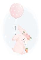 cute baby pink bunny rabbit floating by a balloon watercolor animal, nursery animla hand drawn painting vector