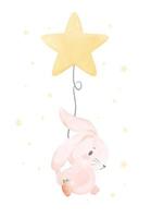 cute baby pink bunny rabbit floating by a star balloon watercolor animal, nursery animla hand drawn painting vector