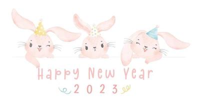 feliz año nuevo 2023, grupo de lindas cabezas de conejo blancas divertidas acuarela, colección de personajes de conejitos, linda vida silvestre animal dibujos animados acuarela pintura dibujo vector