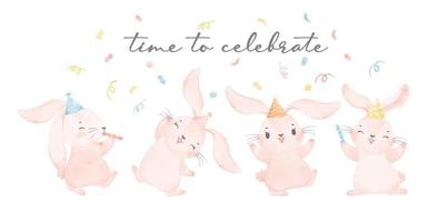 group of four cute pink bunnies celebrating in party, let's celebrate, watercolor nursery animal hand draw illustration isolated on white background vector