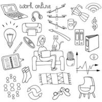 Work online. Home Office. Set of vector elements. Outline on an isolated white background. Doodle style. Sketch. Coloring book.  Business collection.