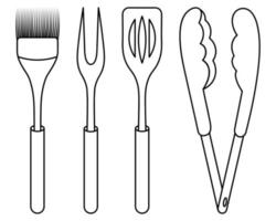 A set of barbecue tools. Sketch. Meat fork with two prongs, spatula, tongs and silicone brush. Vector illustration. Coloring. Tools for turning, moving, removing and greasing grilled food.