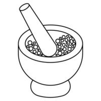 Mortar for crushing spices. Sketch. Vector illustration. The bowl is filled with peppercorns. Grind the pepper with a pestle. Outline on isolated background. Doodle style. Idea for web design.